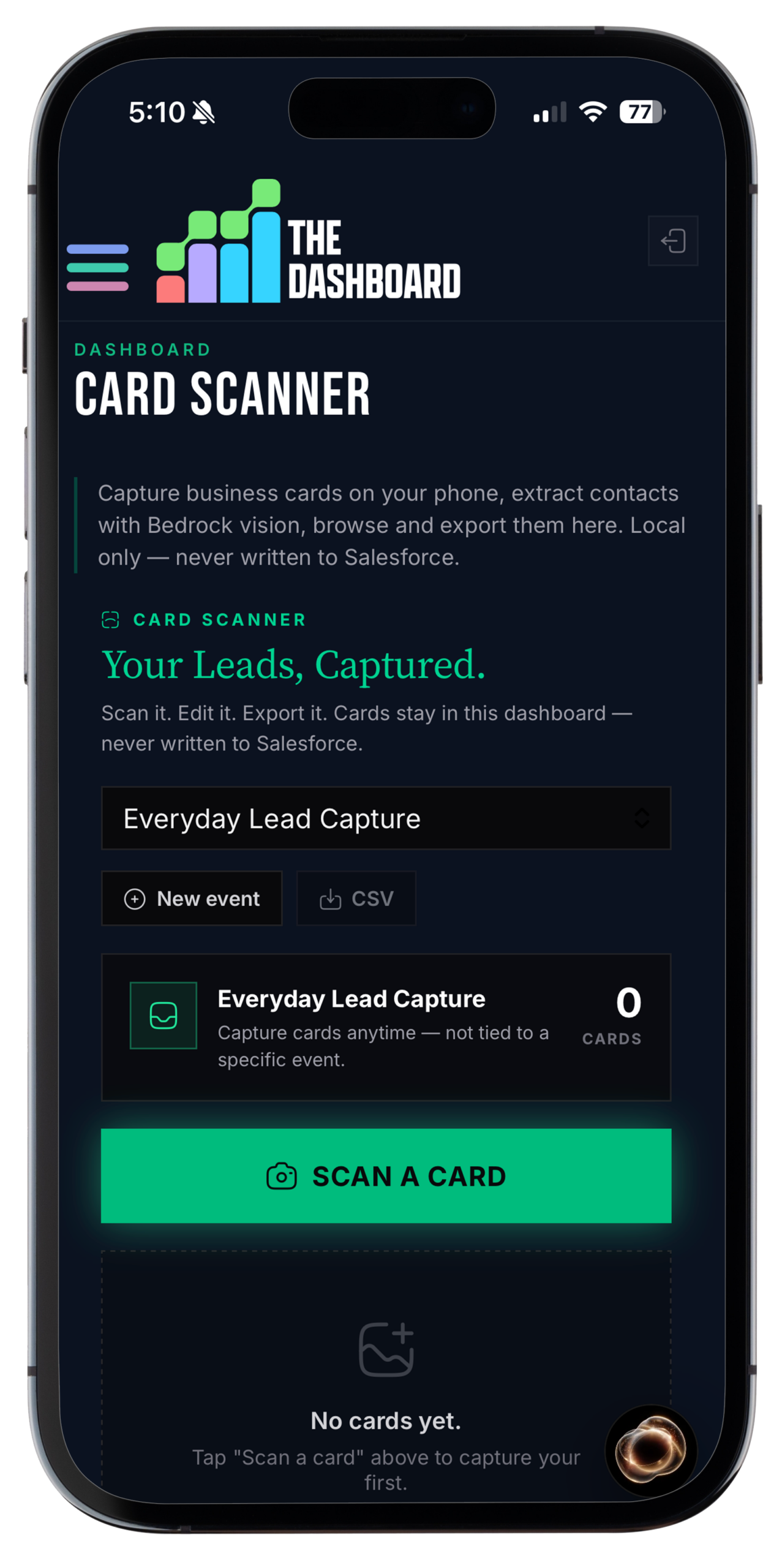 THE DASHBOARD on mobile — charts