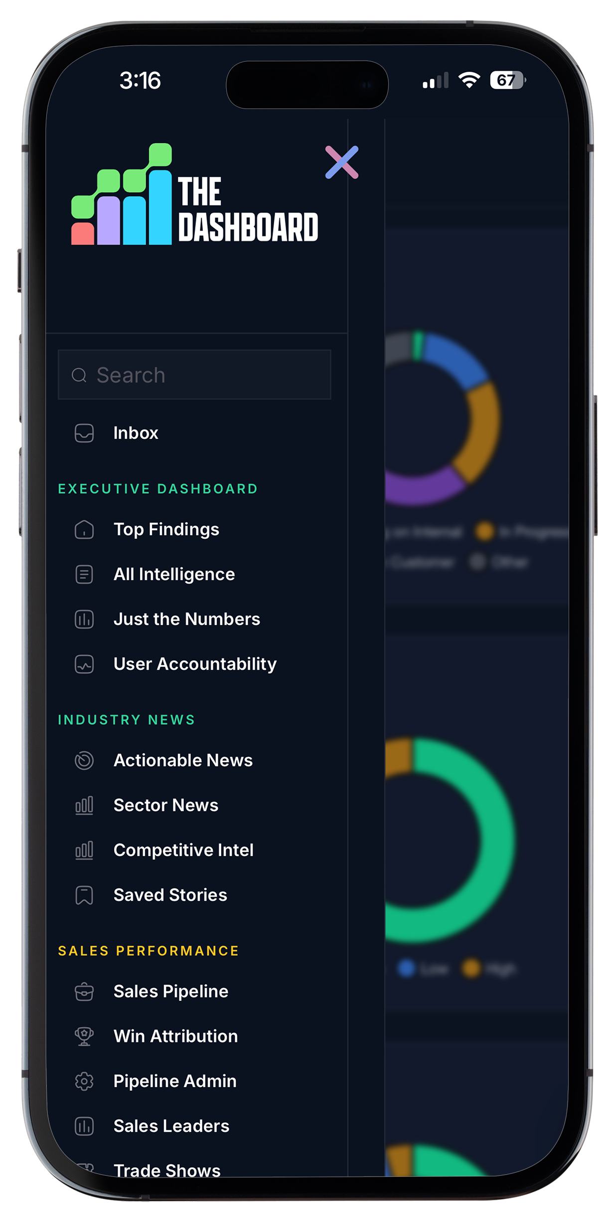 THE DASHBOARD on mobile — menu
