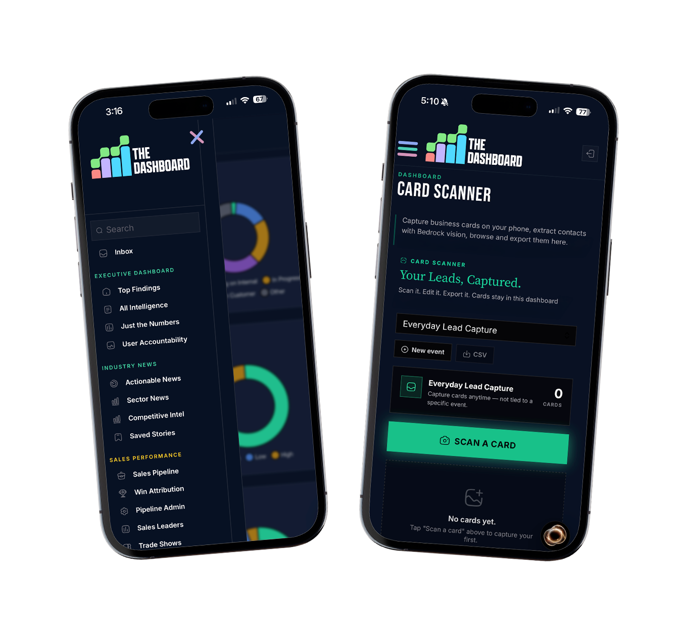 THE DASHBOARD on mobile — menu and card scanner